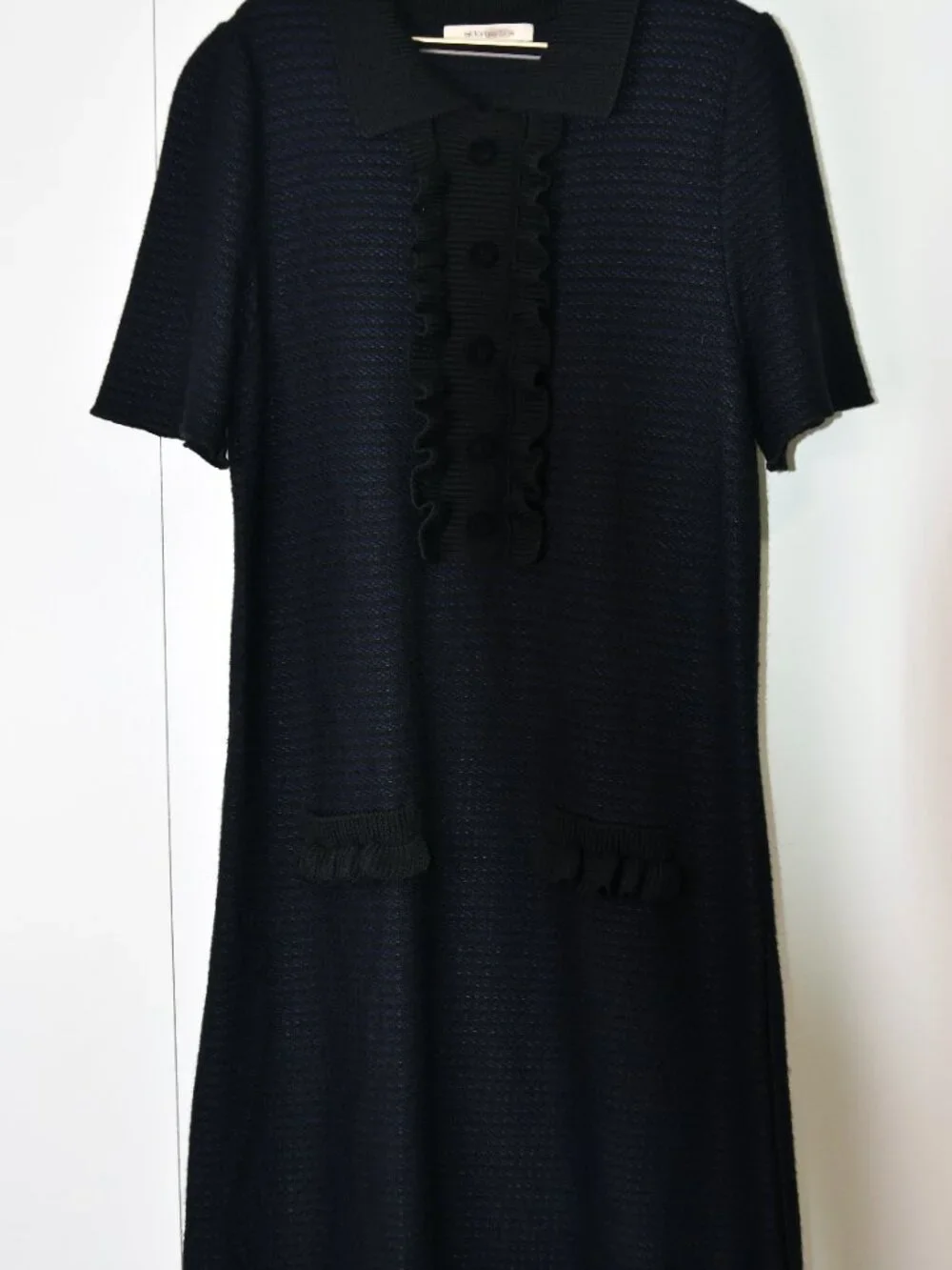 Aldo Martins Blue/Black Ruffle Bib Short Sleeves Sweater Dress